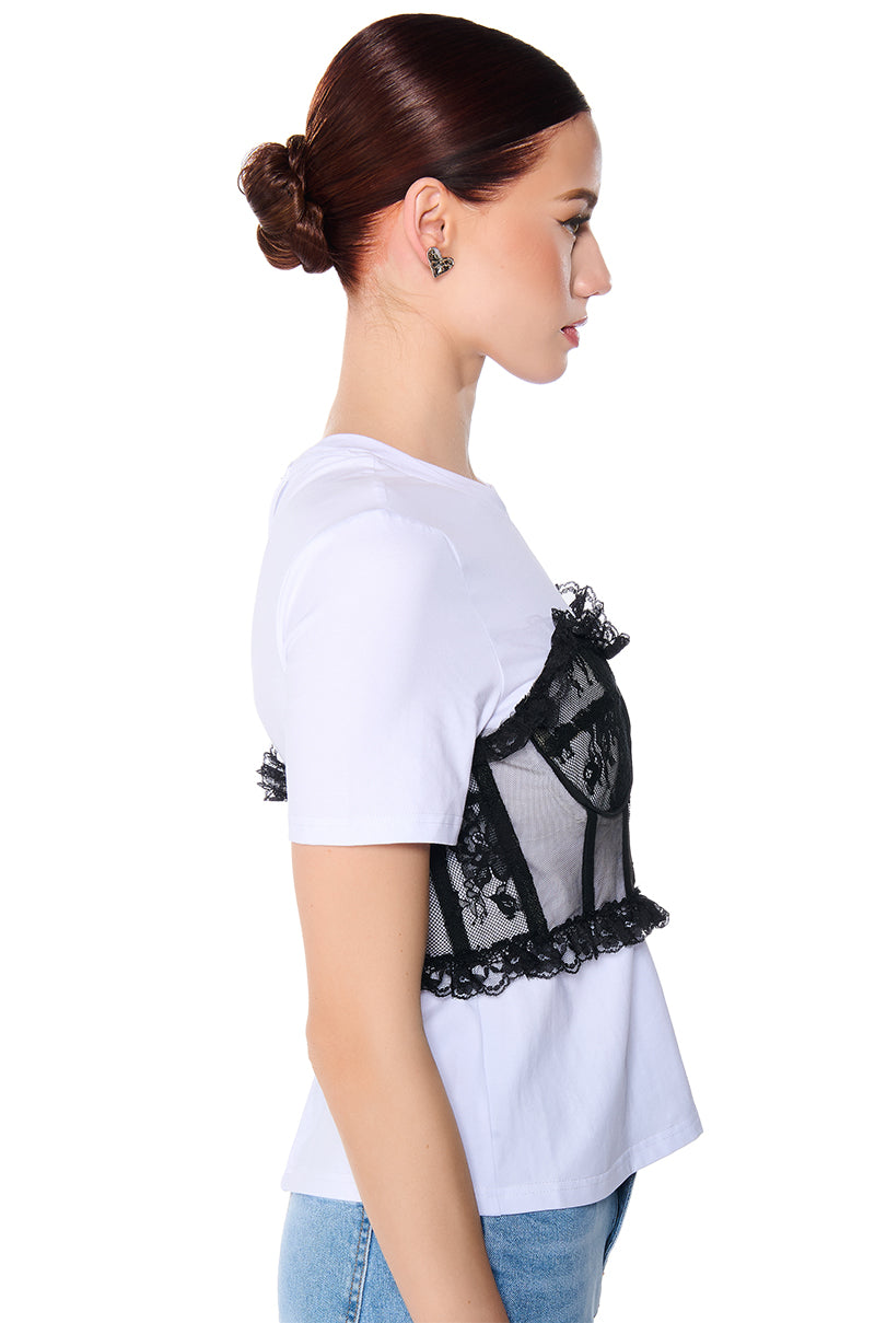 GOT ME TWISTED T-SHIRT WITH CORSET DETAIL IN WHITE