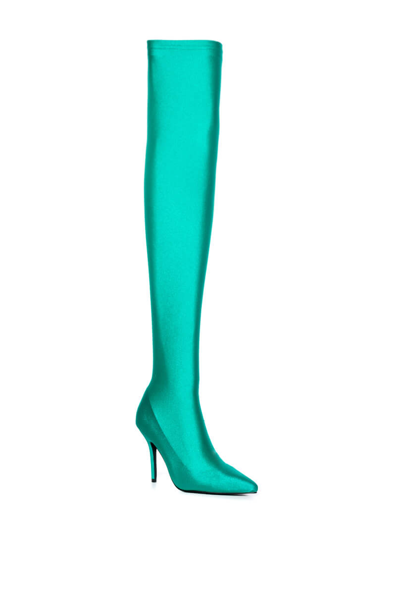 AZALEA WANG HEARTOUT THIGH HIGH STILETTO BOOT IN GREEN STRETCH