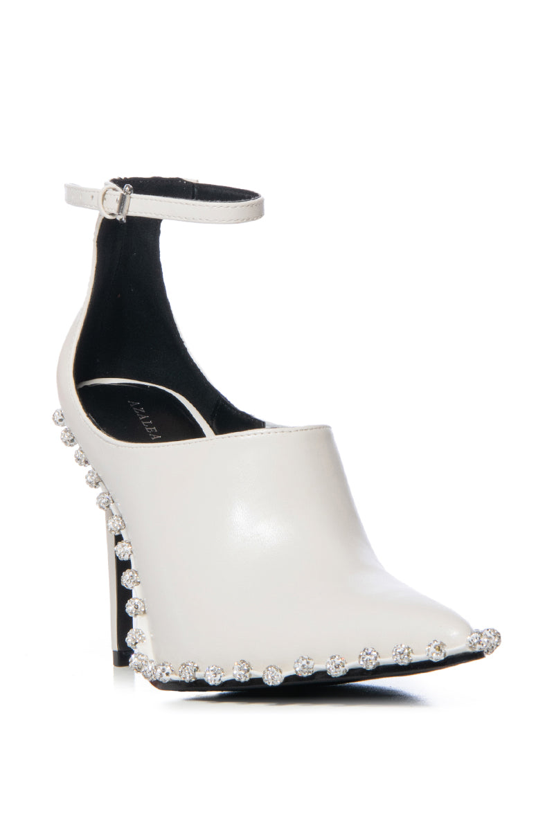 AZALEA WANG FOSSA WHITE EMBELLISHED STRAP PUMP