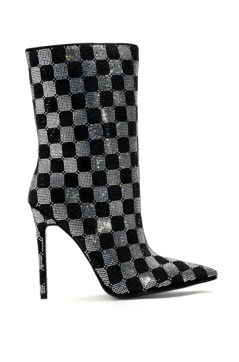 AZALEA WANG CHECKERBOARD BLING STILETTO BOOTIE IN BLACK