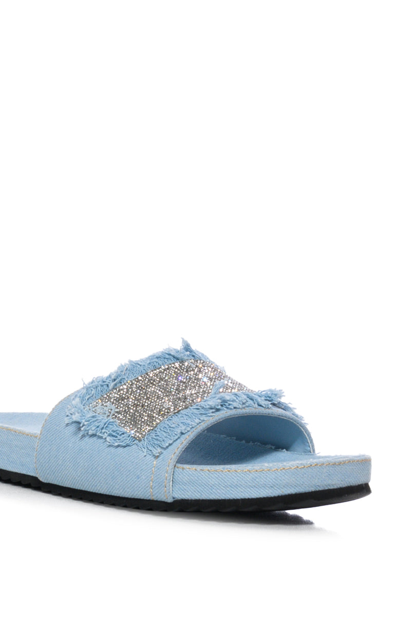 VISE EMBELLISHED SLIP ON DENIM SANDAL IN LIGHT BLUE