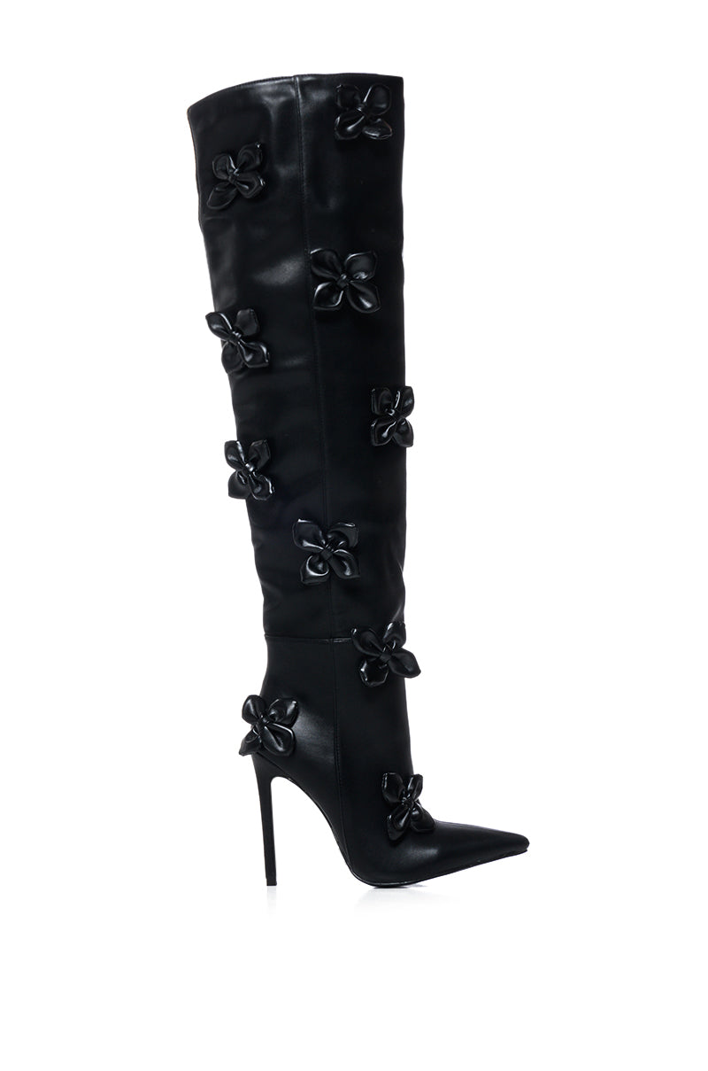 AZALEA WANG EFFIE BLACK FLOWER EMBELLISHED BOOT