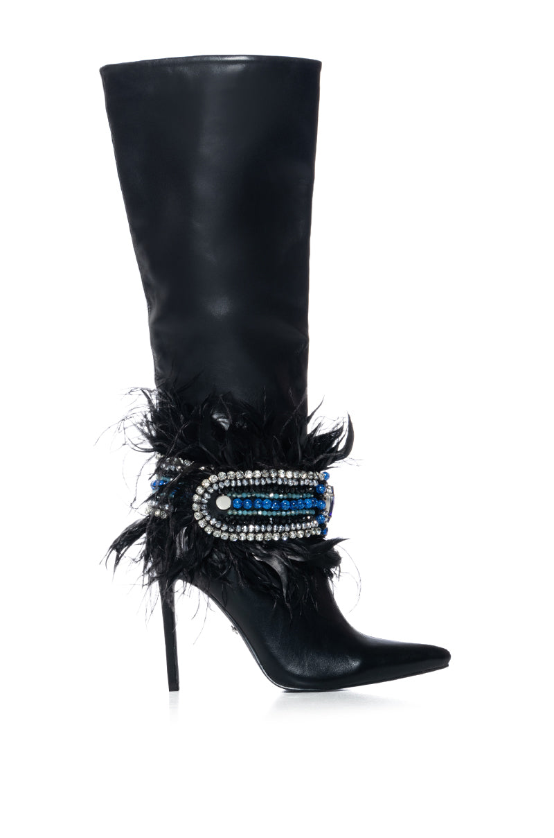 AZALEA WANG LEAD THE WAY FEATHER EMBELLISHED KNEE HIGH BOOT IN BLACK