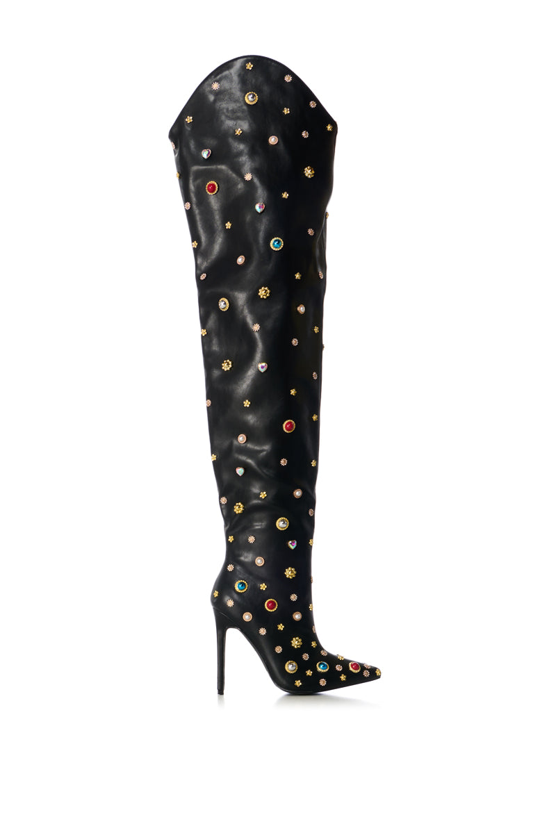 AZALEA WANG CORINNE EMBELLISHED ABOVE THE KNEE BOOT IN BLACK