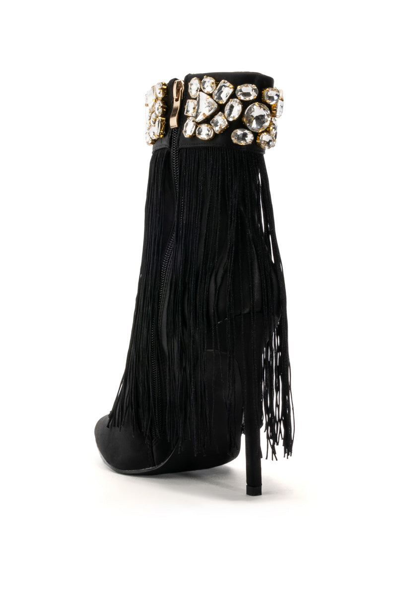 AZALEA WANG AVERI EMBELLISHED FRINGE BOOTIE IN BLACK