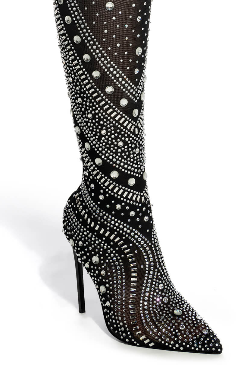 AZALEA WANG ROXY RHINESTONETHIGH HIGH STILETTO BOOT IN BLACK
