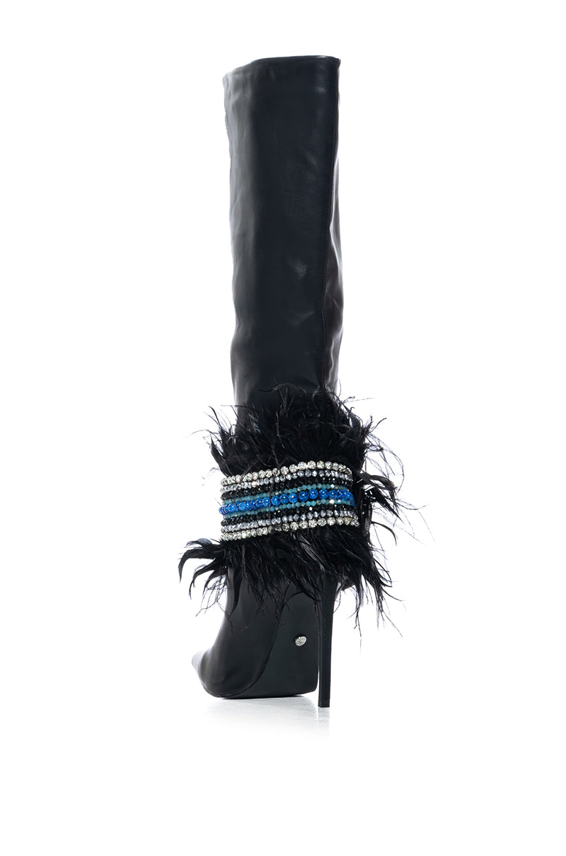 AZALEA WANG LEAD THE WAY FEATHER EMBELLISHED KNEE HIGH BOOT IN BLACK