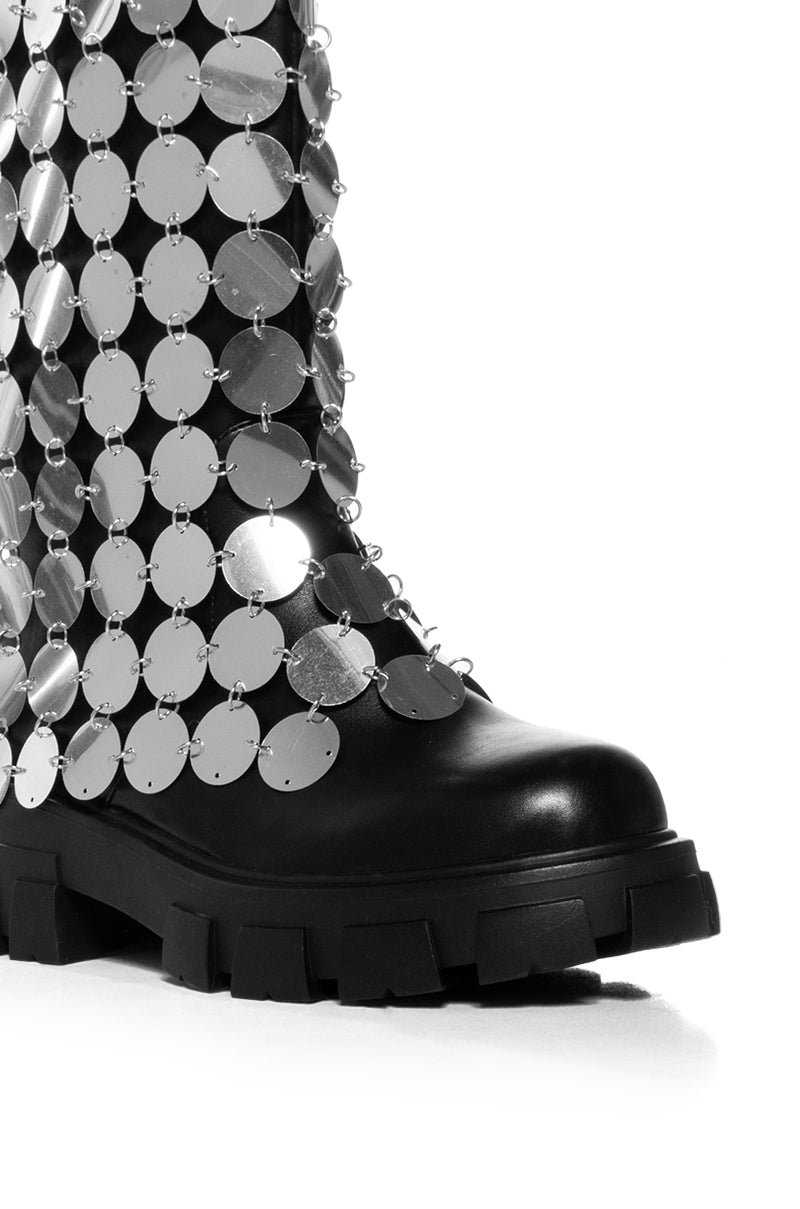 AZALEA WANG QUINNIE SILVER DISC EMBELLISHED BOOT IN BLACK