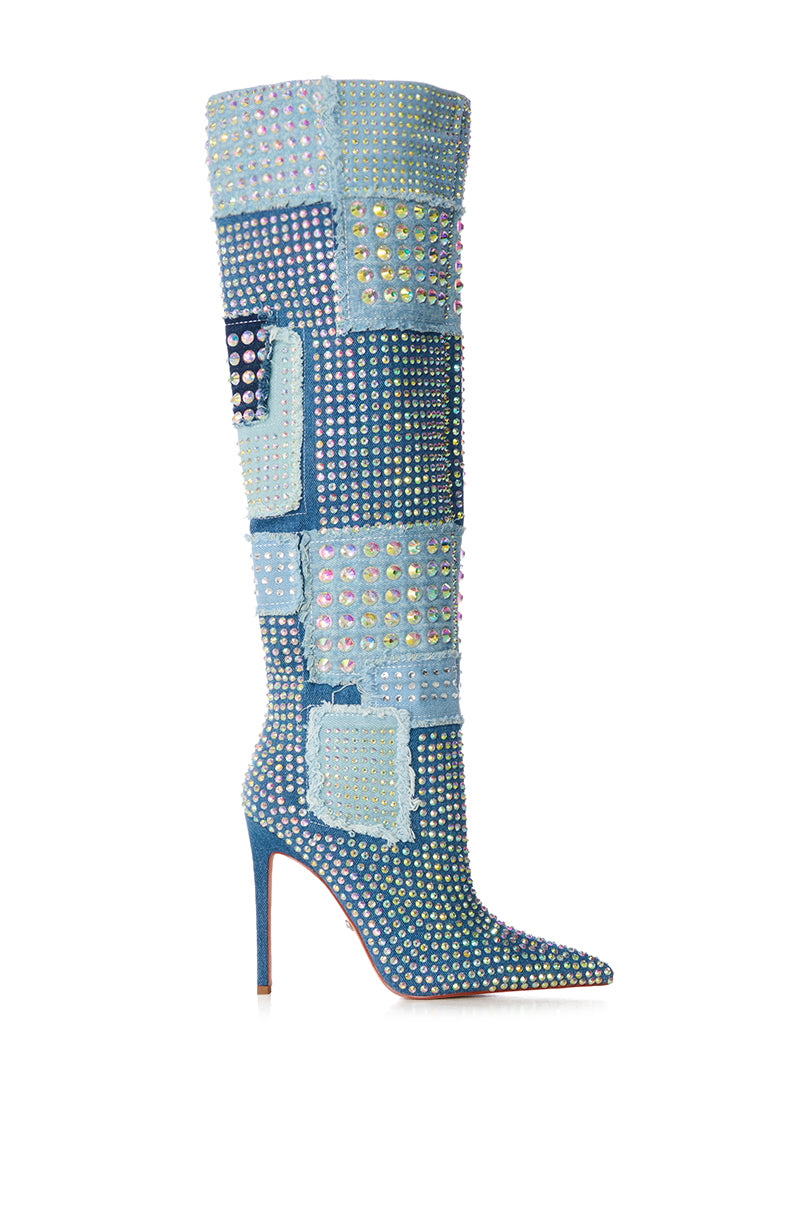 AZALEA WANG MAYABELLE DENIM AND DIAMONDS PATCHWORK BOOT