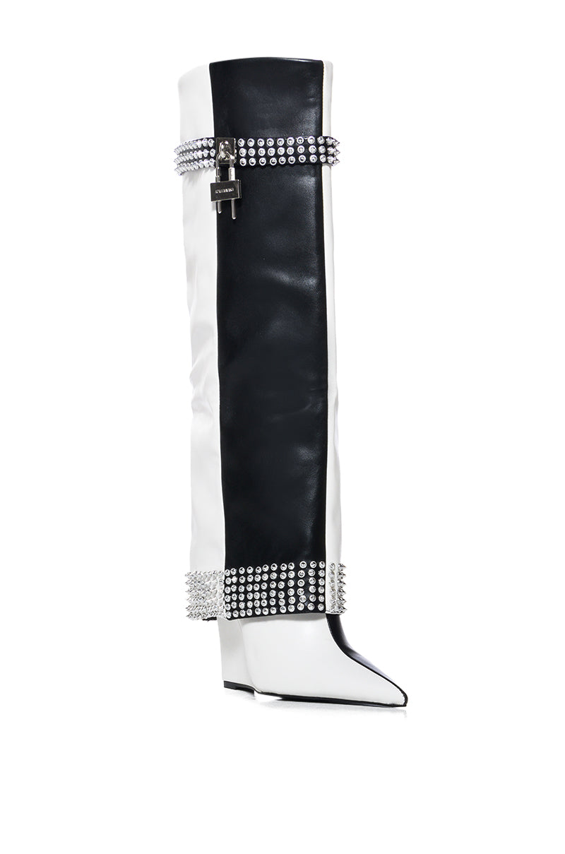 AZALEA WANG SWANS BLACK AND WHITE COLORBLOCK STUDDED BOOT