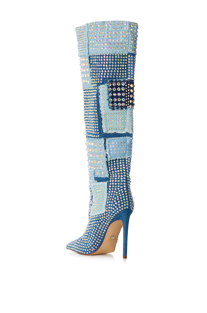 AZALEA WANG MAYABELLE DENIM AND DIAMONDS PATCHWORK BOOT