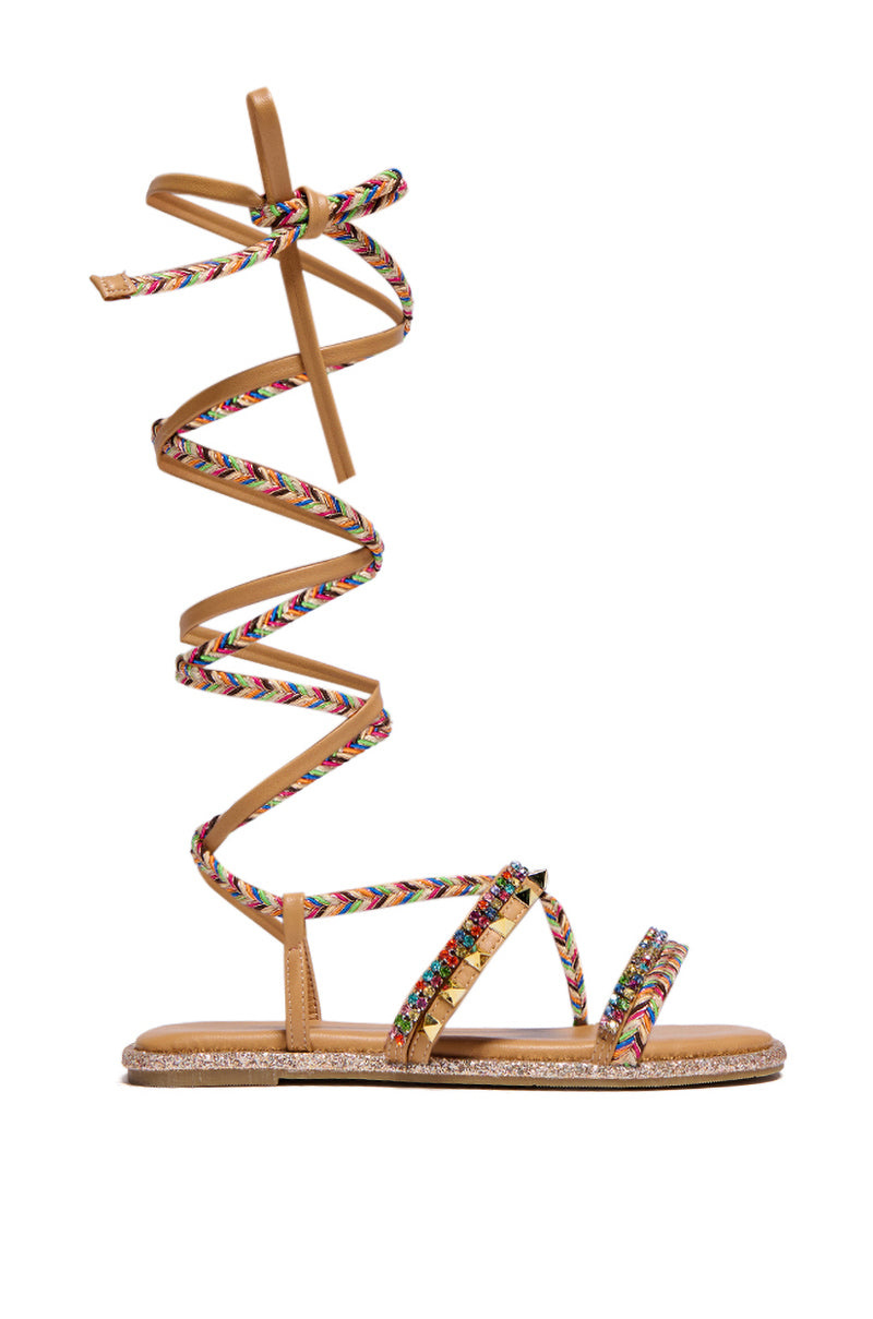 AZALEA WANG STREEP RHINESTONE STUDDED LACE UP SANDAL IN MULTI