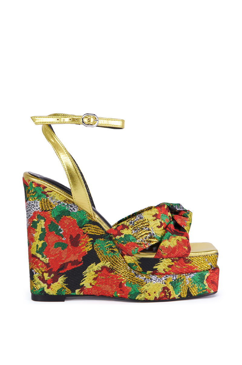 AZALEA WANG CHARMED BROCADE WEDGE SANDAL IN MULTI