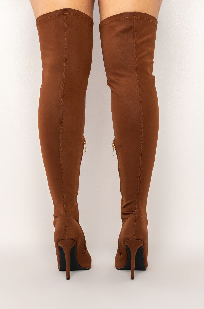 AZALEA WANG EMORY THIGH HIGH STILETTO BOOT IN BROWN STRETCH