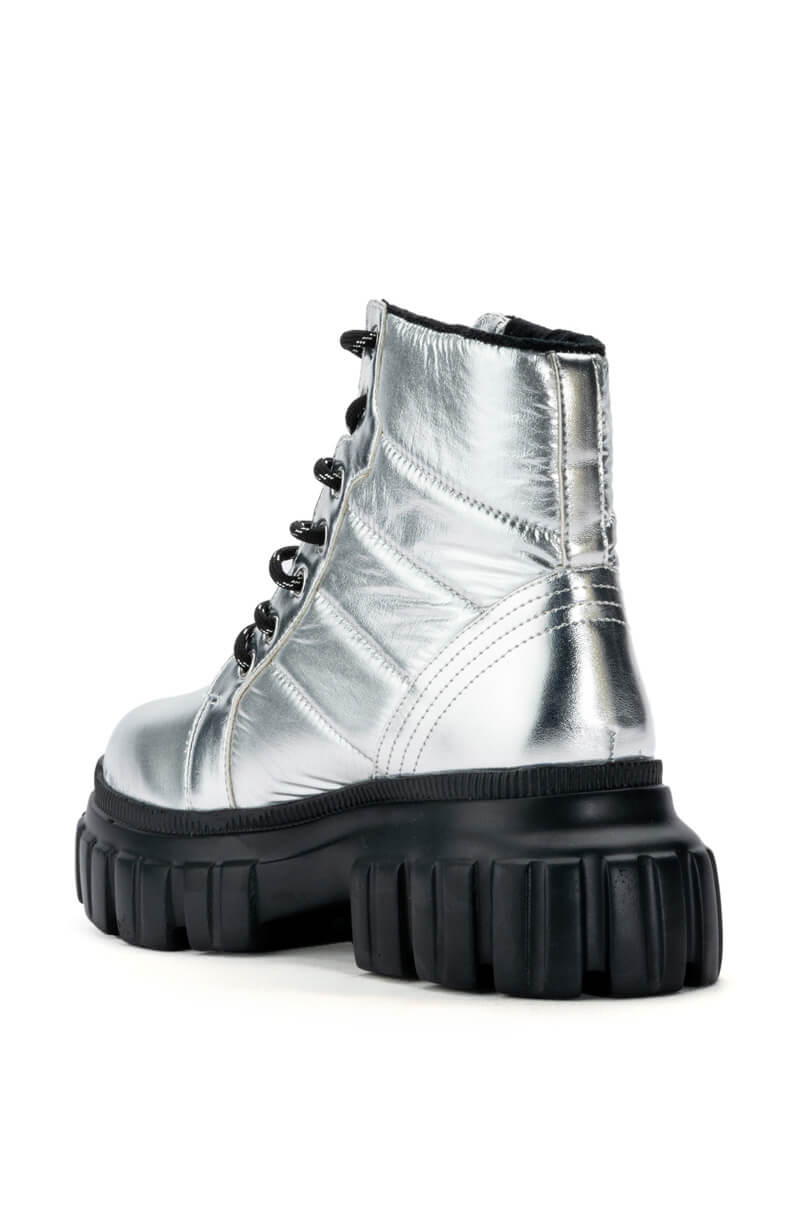 AZALEA WANG MERCEDES PUFFER FLATFORM BOOT IN SILVER