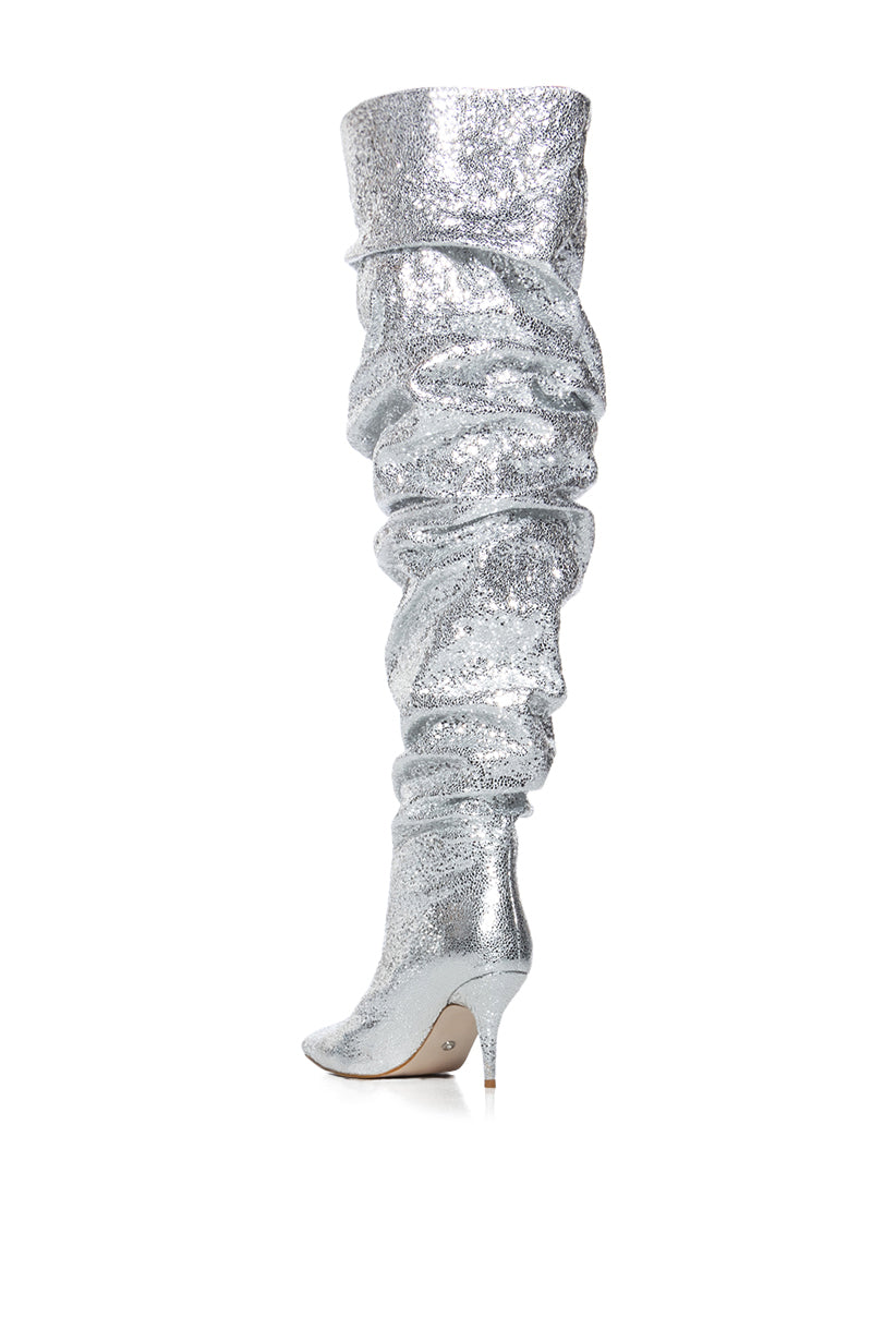 AZALEA WANG SEIRA SCRUNCHED METALLIC THIGH HIGH BOOT IN SILVER