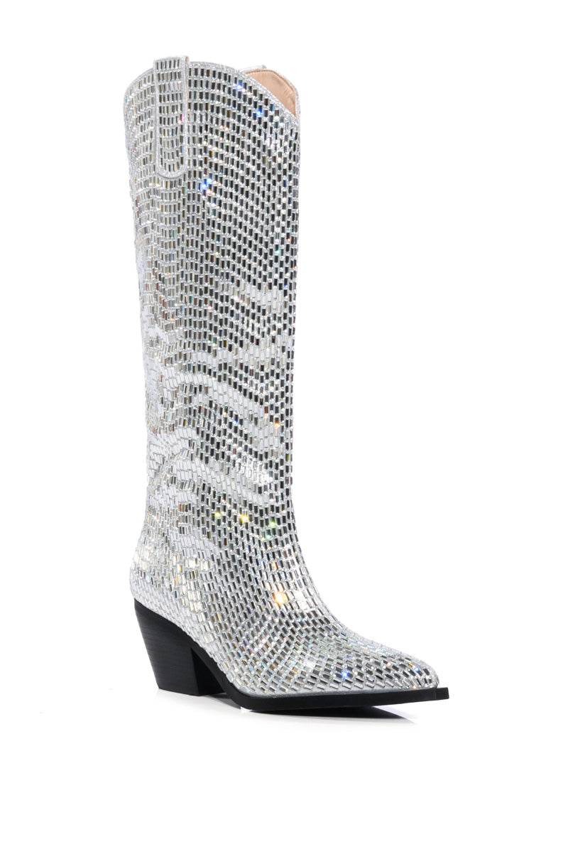 AZALEA WANG DRIVEN RHINESTONE WESTERN BOOT IN SILVER