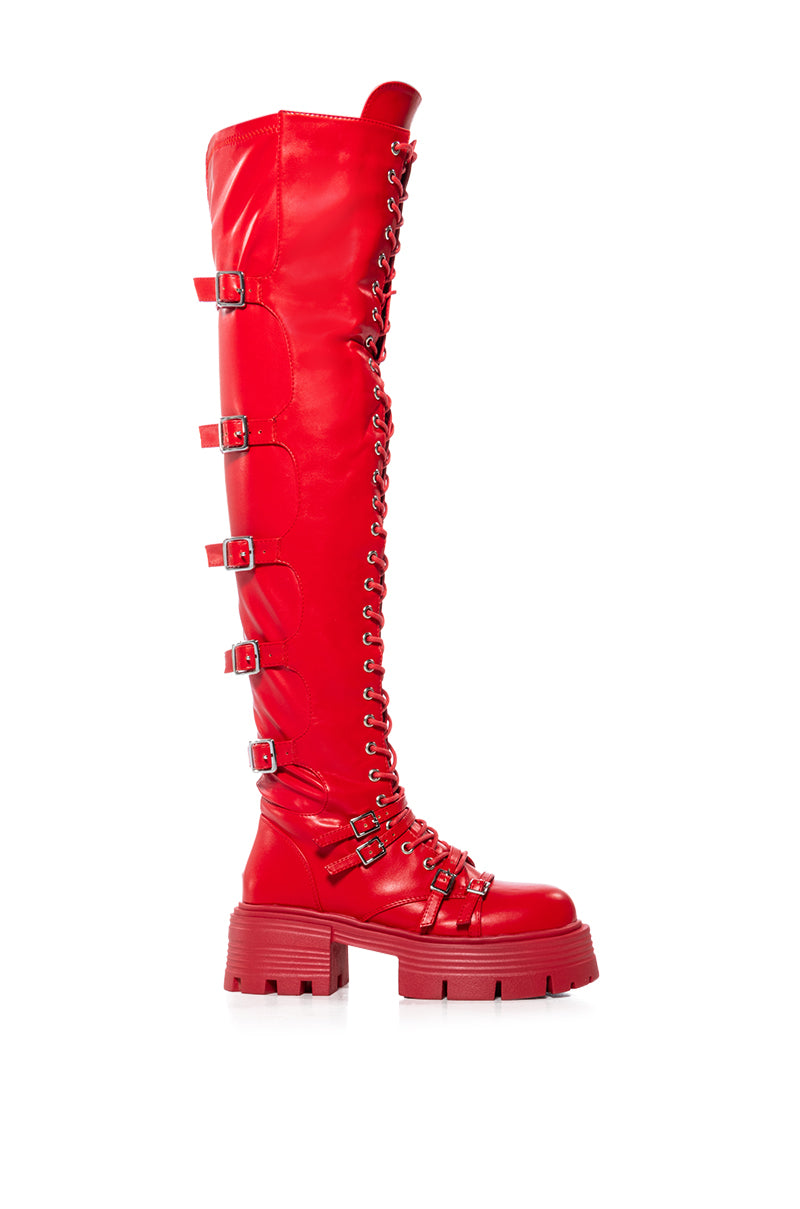 AZALEA WANG TAKE FIVE RED OVER THE KNEE LACE UP BOOT