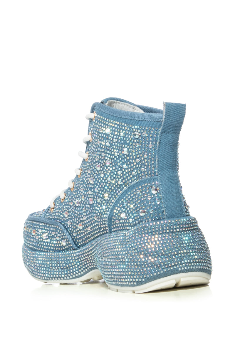 QUEENDOM EMBELLISHED HIGH TOP SNEAKER IN DENIM