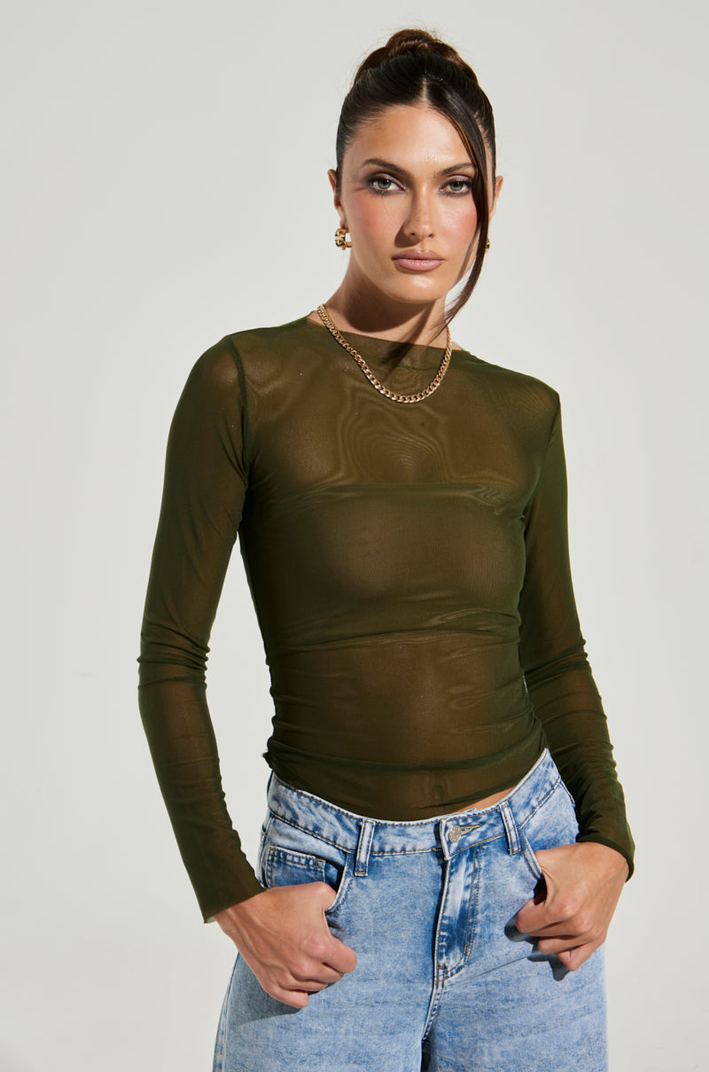 PAXTON RAW HEM LONG SLEEVE MESH TEE IN OLIVE