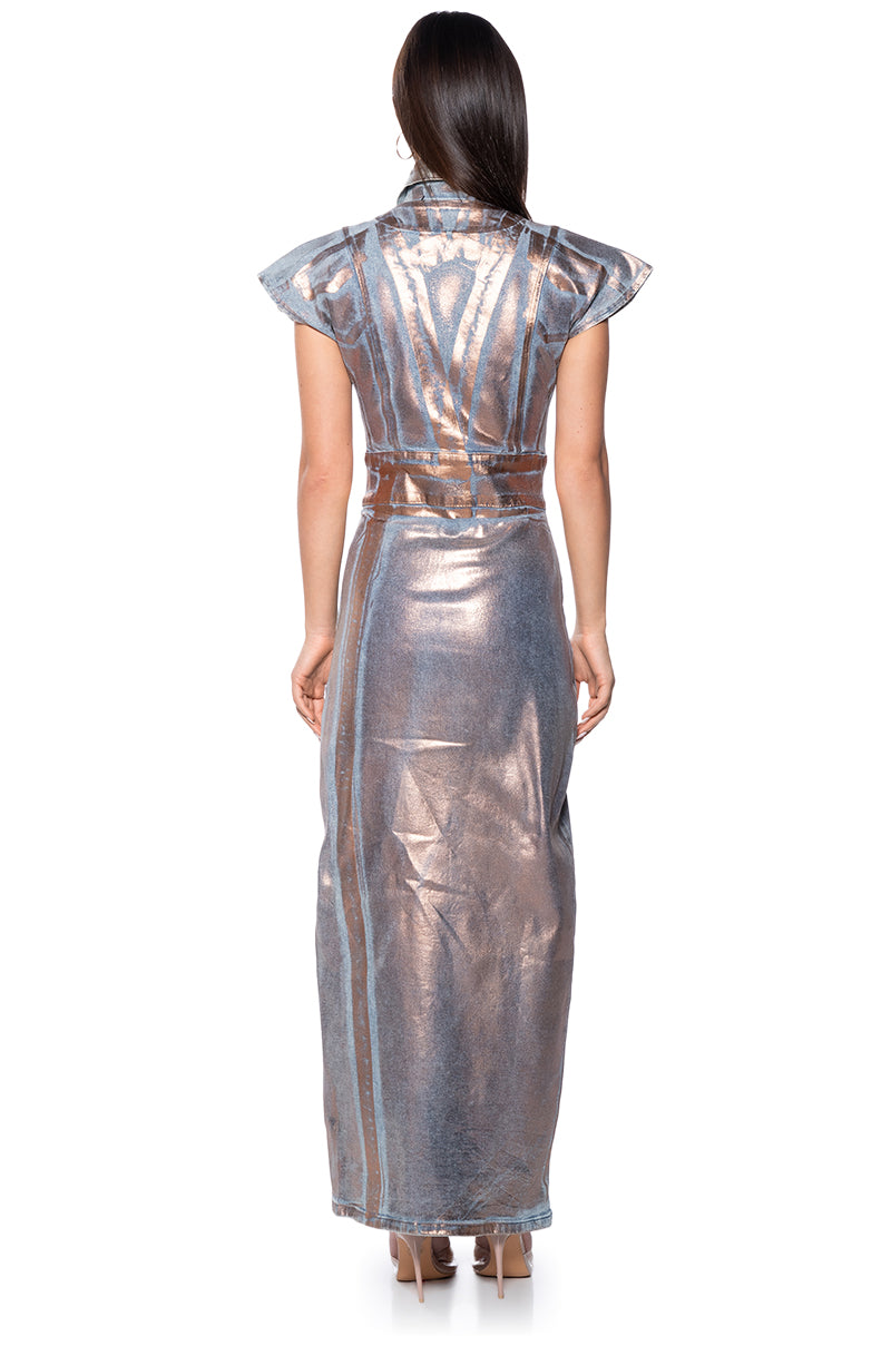 NEVER TOO MUCH DENIM METALLIC MAXI DRESS