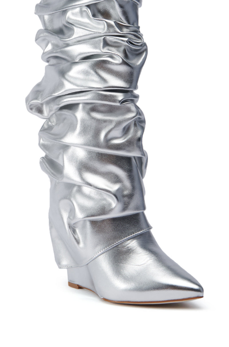 AZALEA WANG ZUMMA METALLIC RUCHED WEDGE BOOT IN SILVER