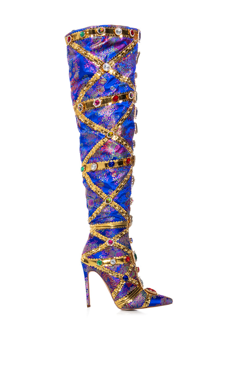 AZALEA WANG BERKLEY BLUE BAROCADE EMBELLISHED BOOT