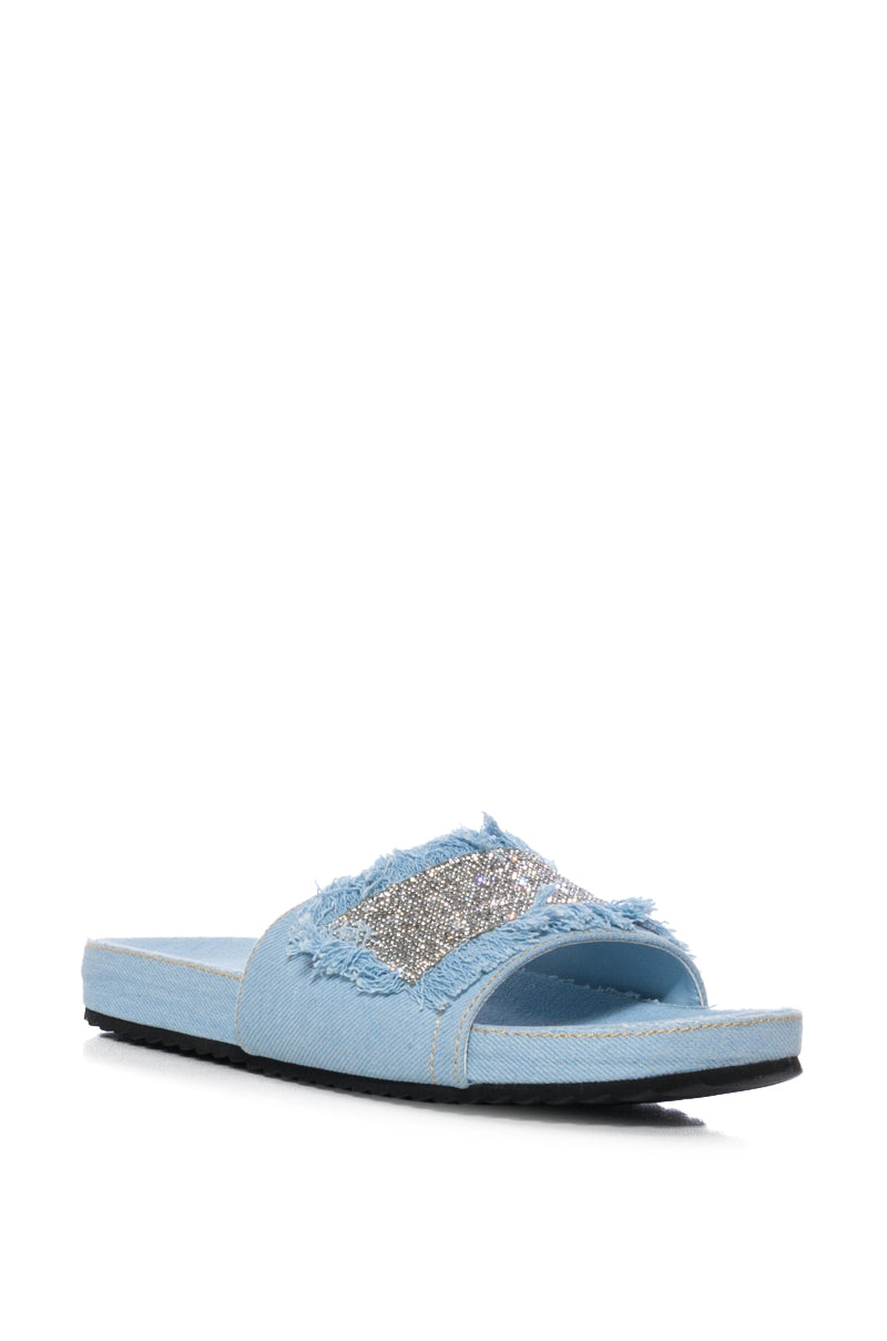 VISE EMBELLISHED SLIP ON DENIM SANDAL IN LIGHT BLUE