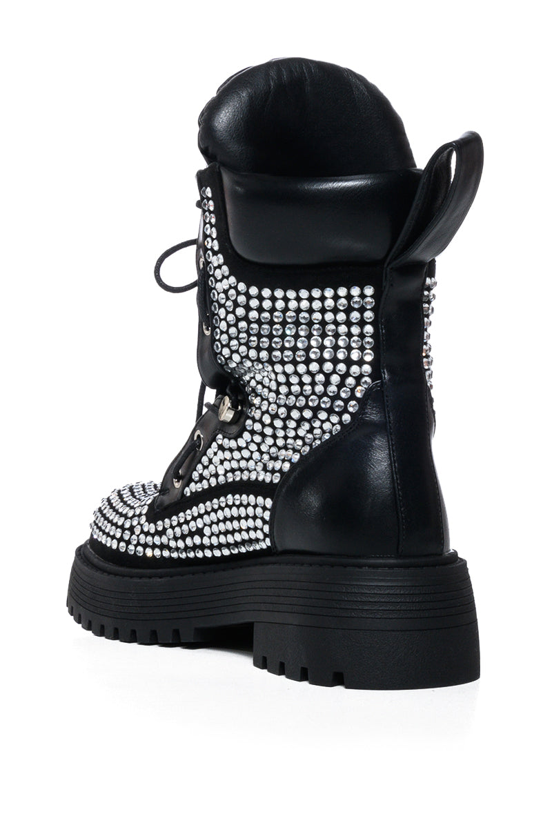 AZALEA WANG AMENITY BLACK RHINESTONE COMBAT BOOTIE