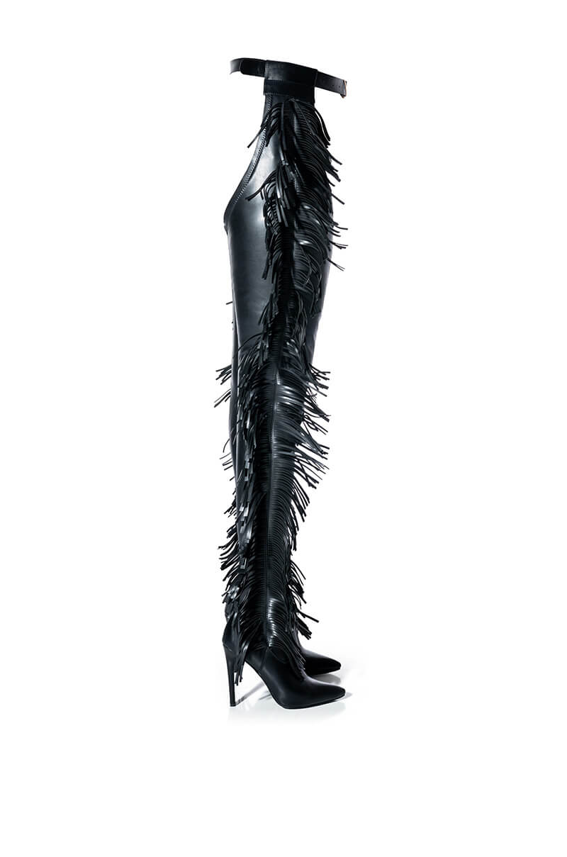 AZALEA WANG RIDE AT DAWN BELTED THIGH HIGH STILETTO FRINGE CHAP BOOT WITH 4 WAY STRETCH