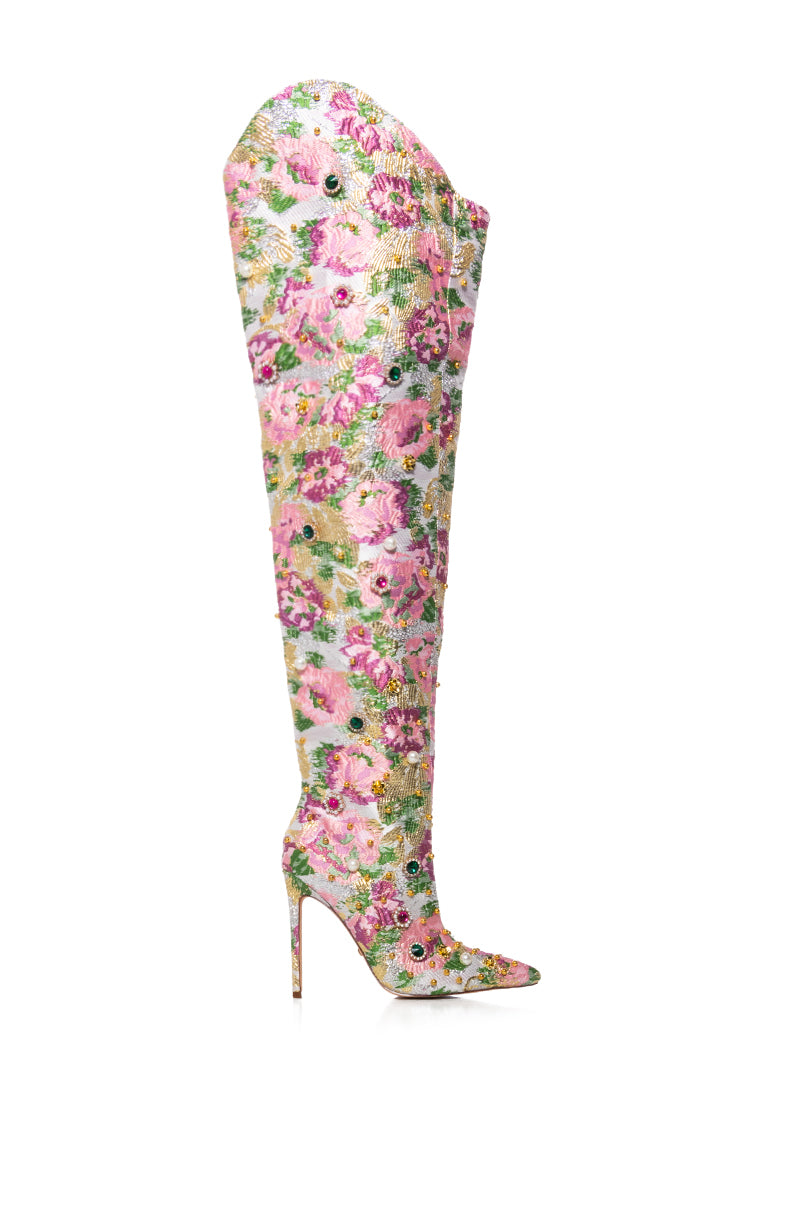 AZALEA WANG ARTISTES BROCADE EMBELLISHED BOOT IN PINK