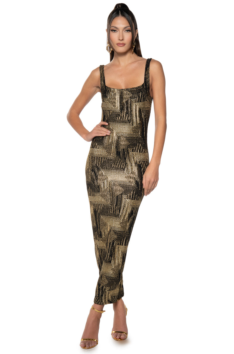 GEO METALLIC SQUARE NECK MAXI DRESS