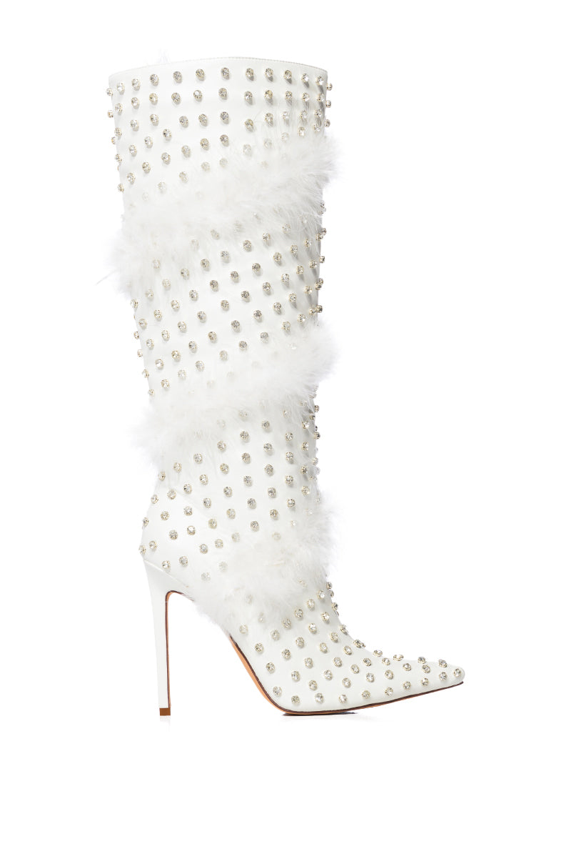 AZALEA WANG GARDENIA FEATHER EMBELLISHED BOOT IN WHITE