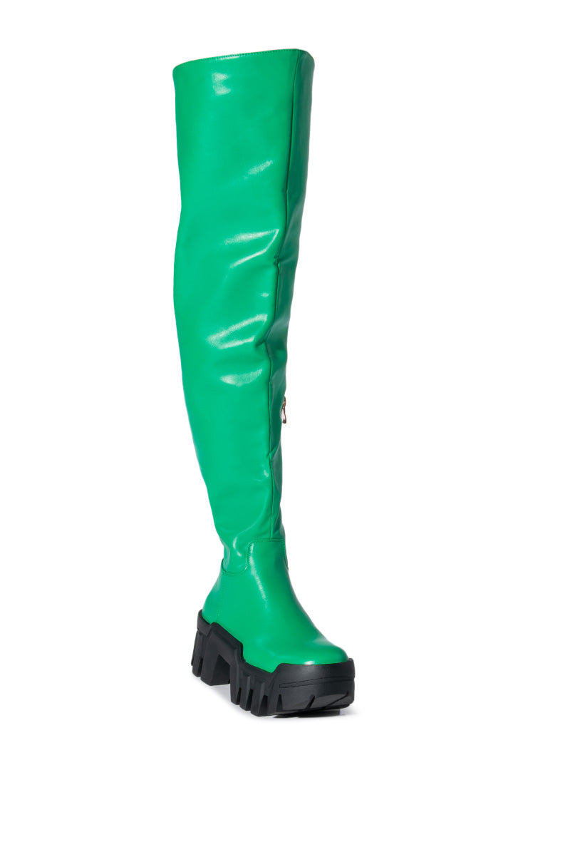 AZALEA WANG SUSIE THIGH HIGH FLATFORM BOOT IN GREEN