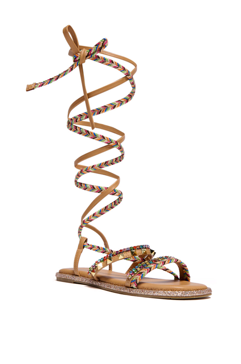 AZALEA WANG STREEP RHINESTONE STUDDED LACE UP SANDAL IN MULTI