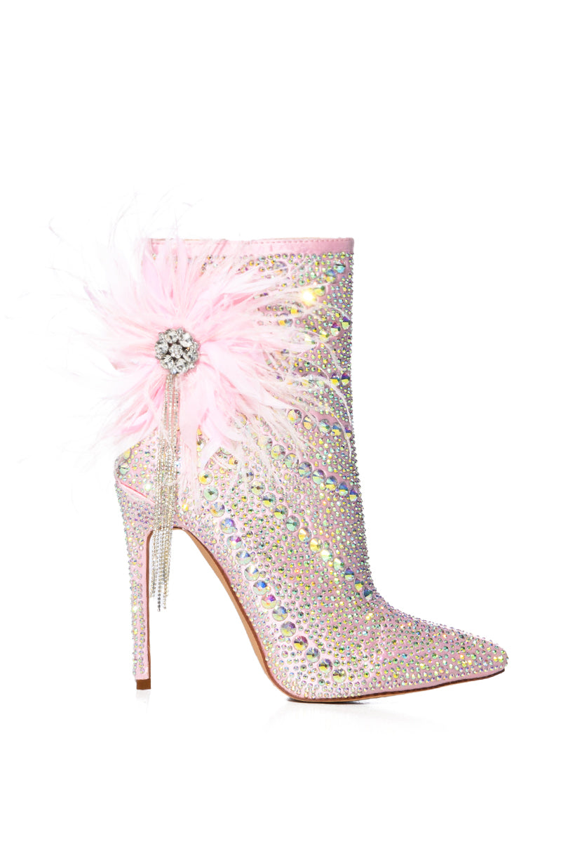 AZALEA WANG CRYSTALIZE EMBELLISHED FEATHER FLOWER BOOTIE IN PINK