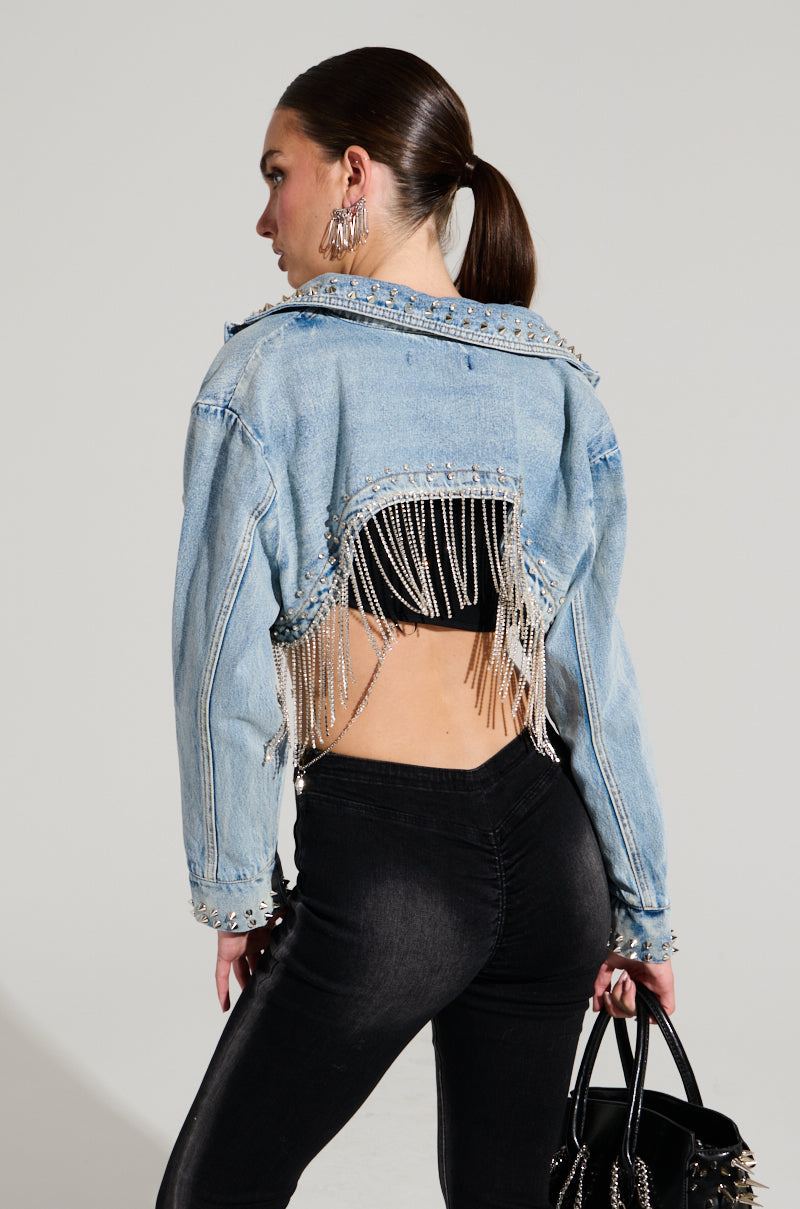 WATERFALL RHINESTONE CROPPED DENIM JACKET