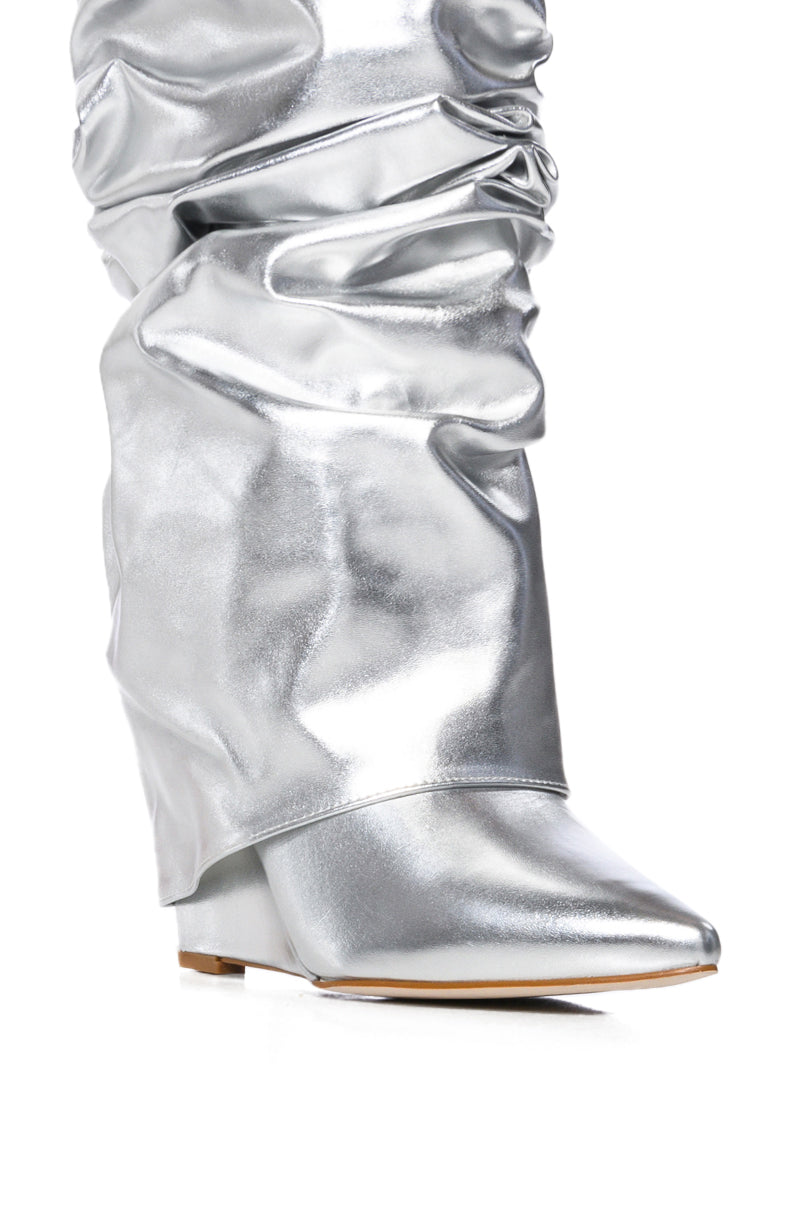 AZALEA WANG ZUMMA METALLIC RUCHED WEDGE BOOT IN SILVER