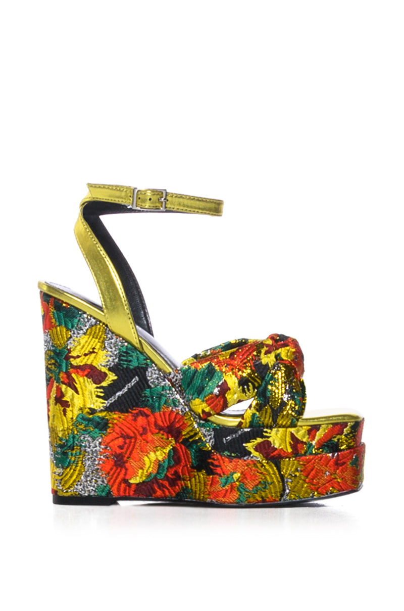 AZALEA WANG CHARMED BROCADE WEDGE SANDAL IN MULTI