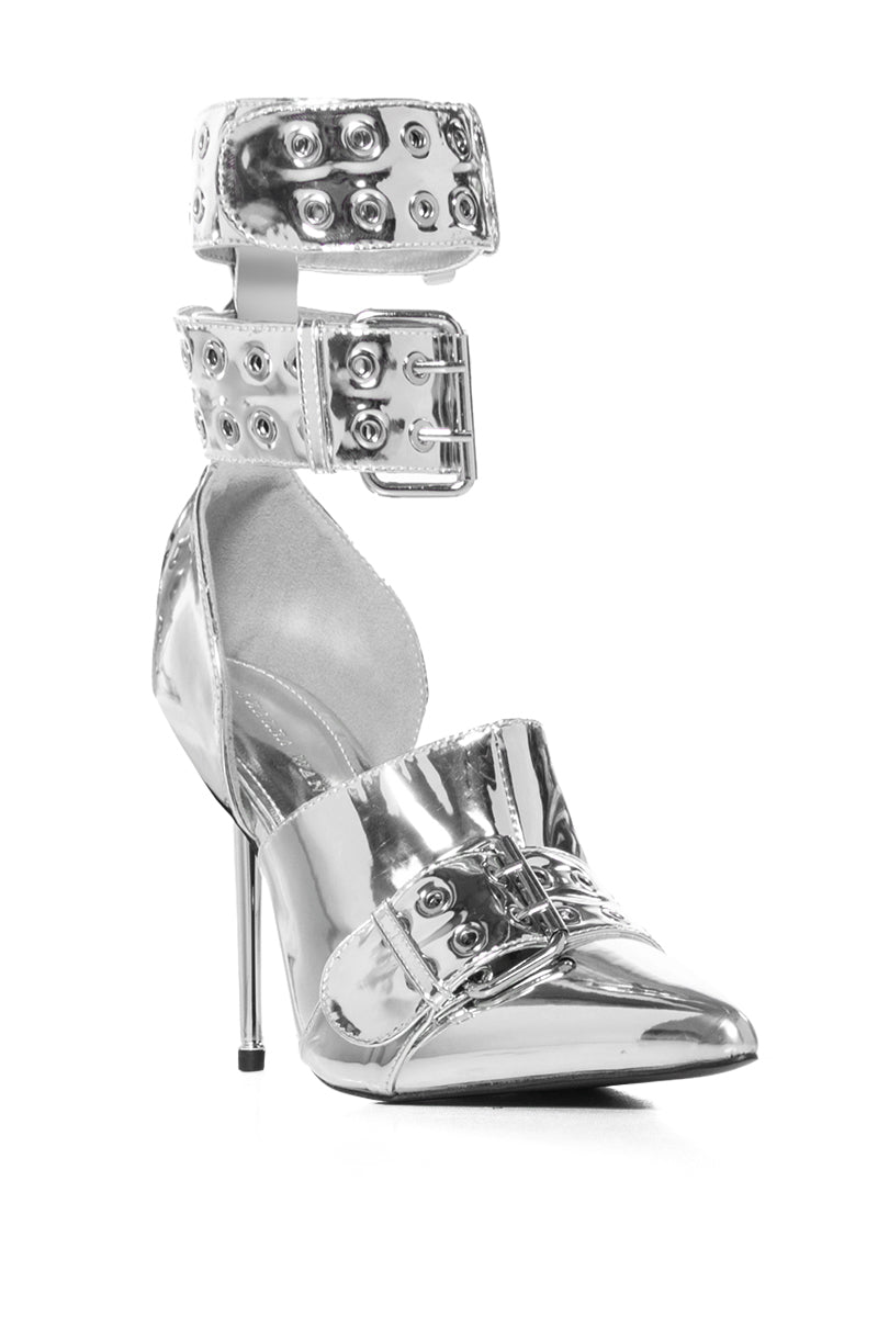 AZALEA WANG CYCLONE METALLIC DOUBLE BUCKLE STRAP PUMP IN SILVER