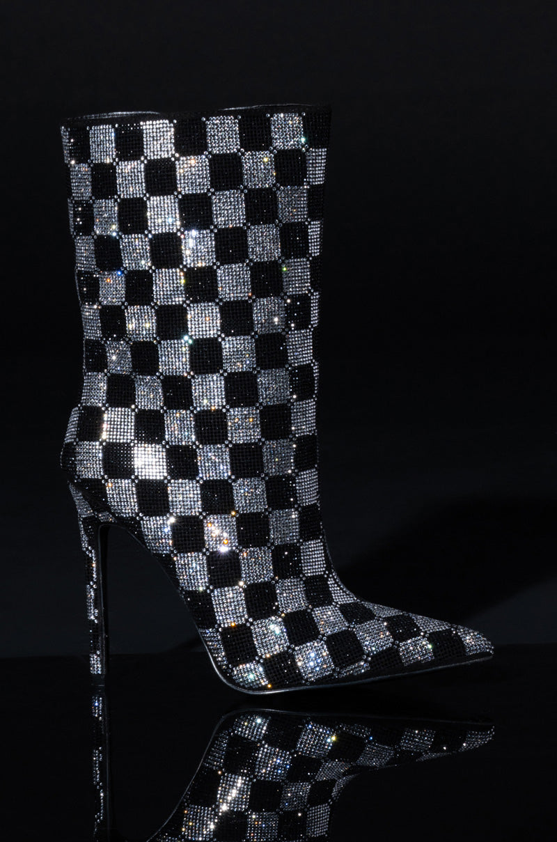 AZALEA WANG CHECKERBOARD BLING STILETTO BOOTIE IN BLACK