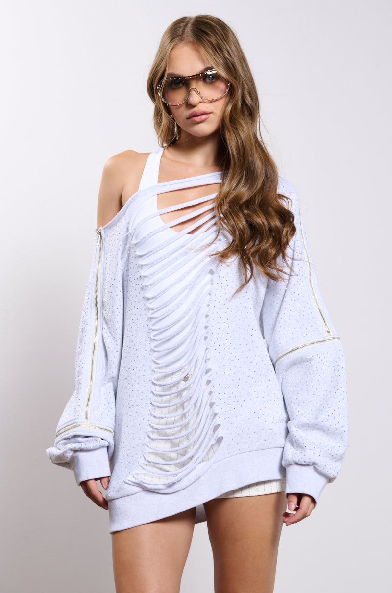 DISTRESSED OFF THE SHOULDER RHINESTONE EMBELLISHED SWEATSHIRT