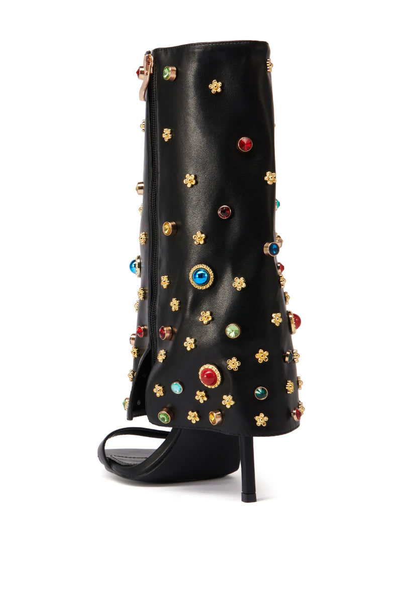 AZALEA WANG MITSUE BLACK EMBELLISHED FOLD OVER OPEN TOE SANDAL BOOT