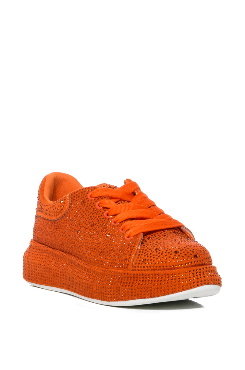 KINGDOM ORANGE BEDAZZLED FLATFORM SNEAKER