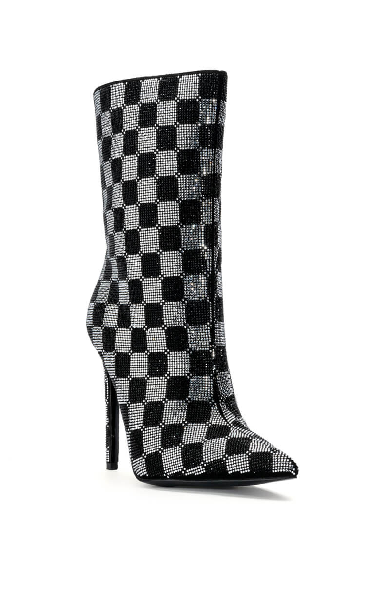 AZALEA WANG CHECKERBOARD BLING STILETTO BOOTIE IN BLACK