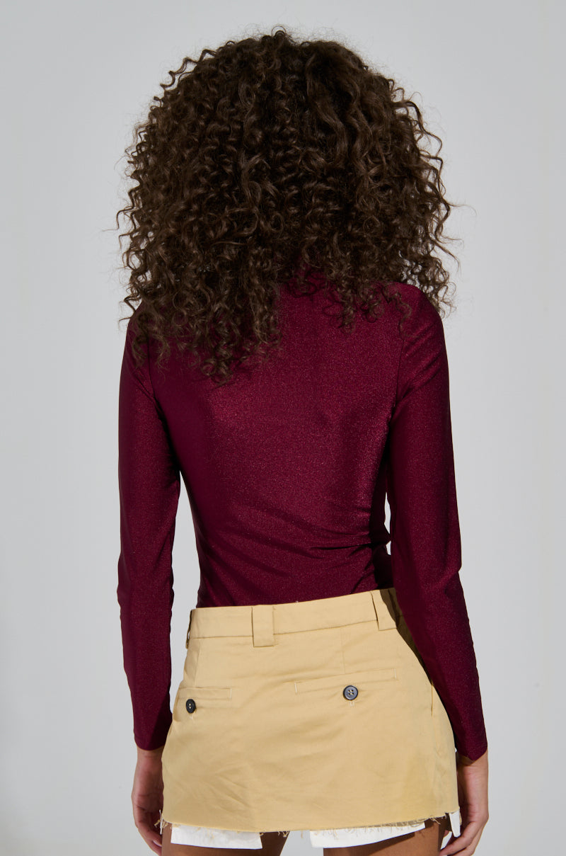 PAXTON DISCO LONG SLEEVE MOCK NECK BODYSUIT IN BURGUNDY