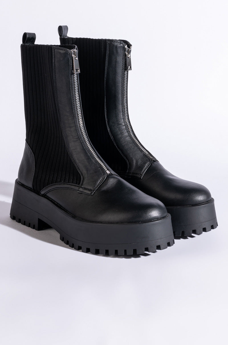 AZALEA WANG KENNEDY KNIT FRONT ZIP FLATFORM BOOTIE IN BLACK
