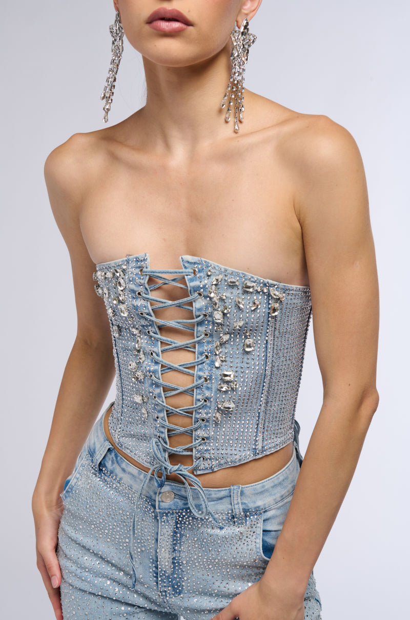 SHINE ON ME DENIM CORSET WITH RHINESTONE