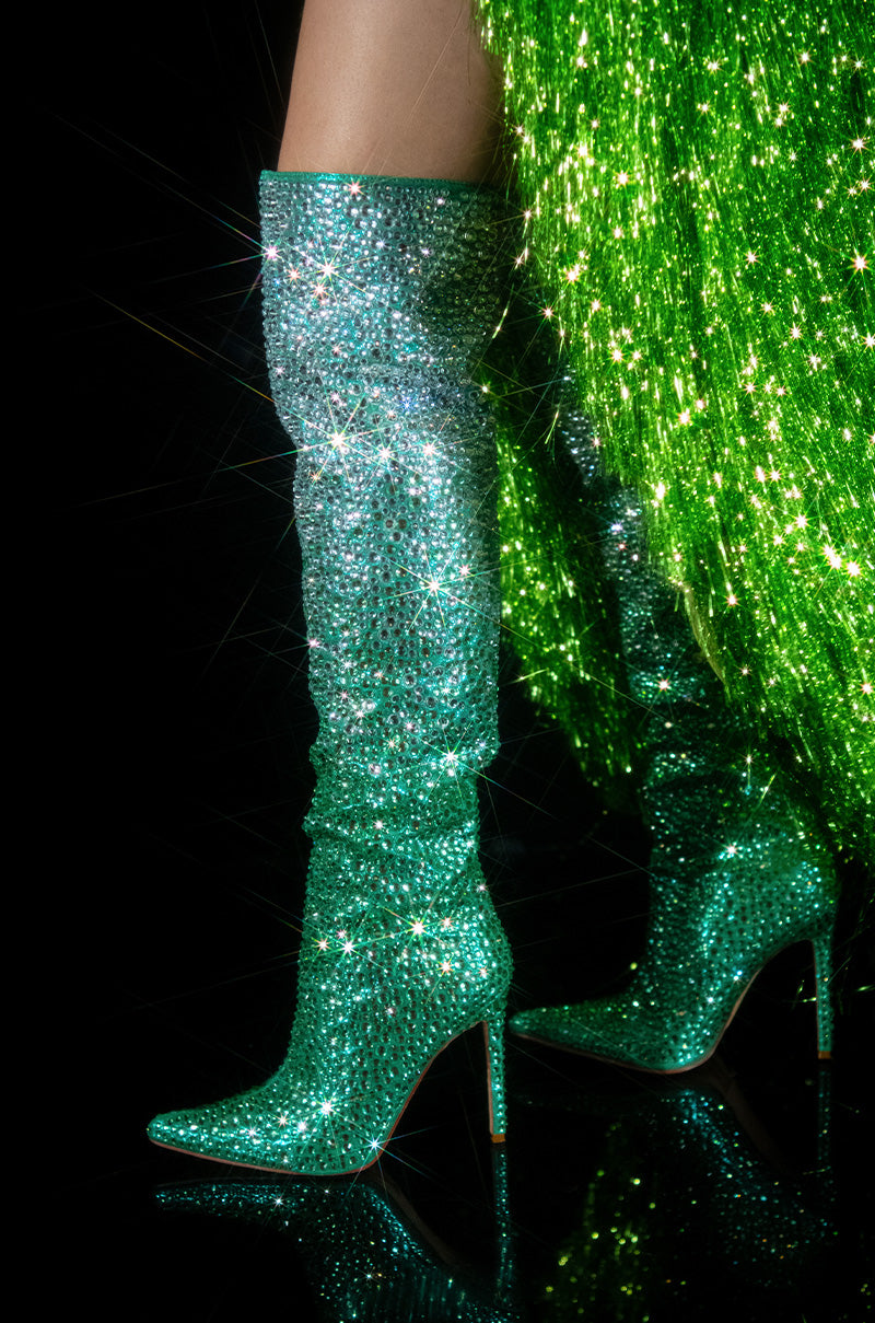 AZALEA WANG BERGAMONT GREEN OMBRE RHINESTONE EMBELLISHED BOOT