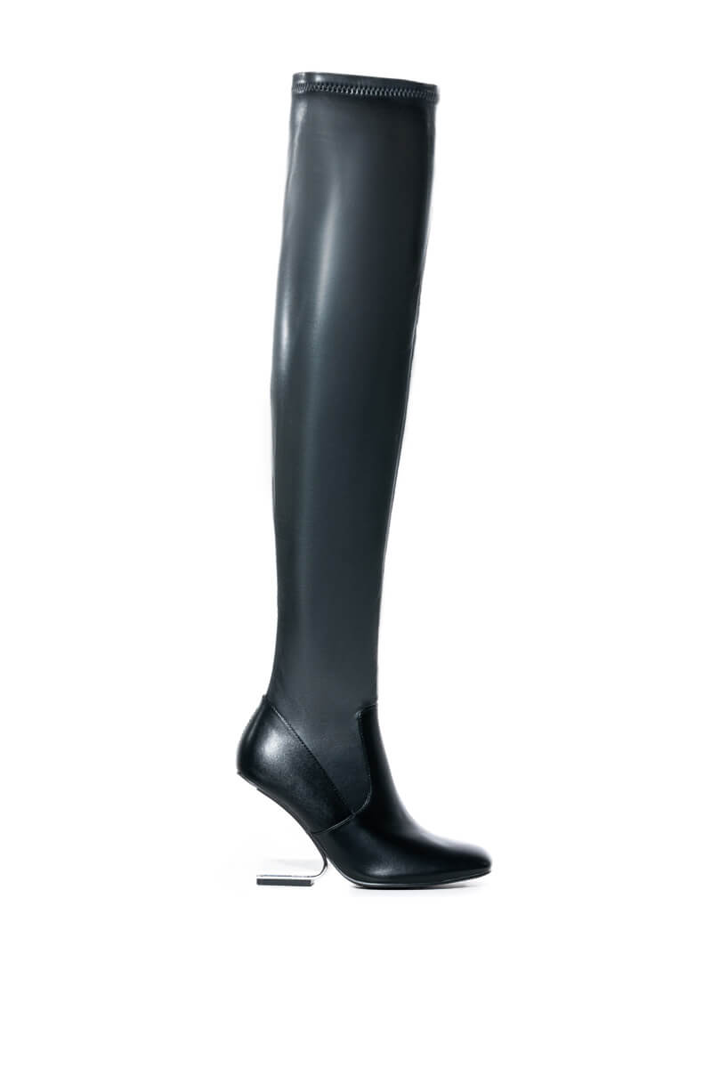 AZALEA WANG STRETCH THIGH HIGH WEDGE BOOT IN BLACK